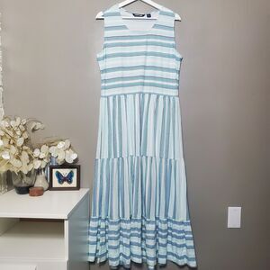Lands End Women's Sleeveless Tiered Maxi Dress Size Large Striped Paradise Teal